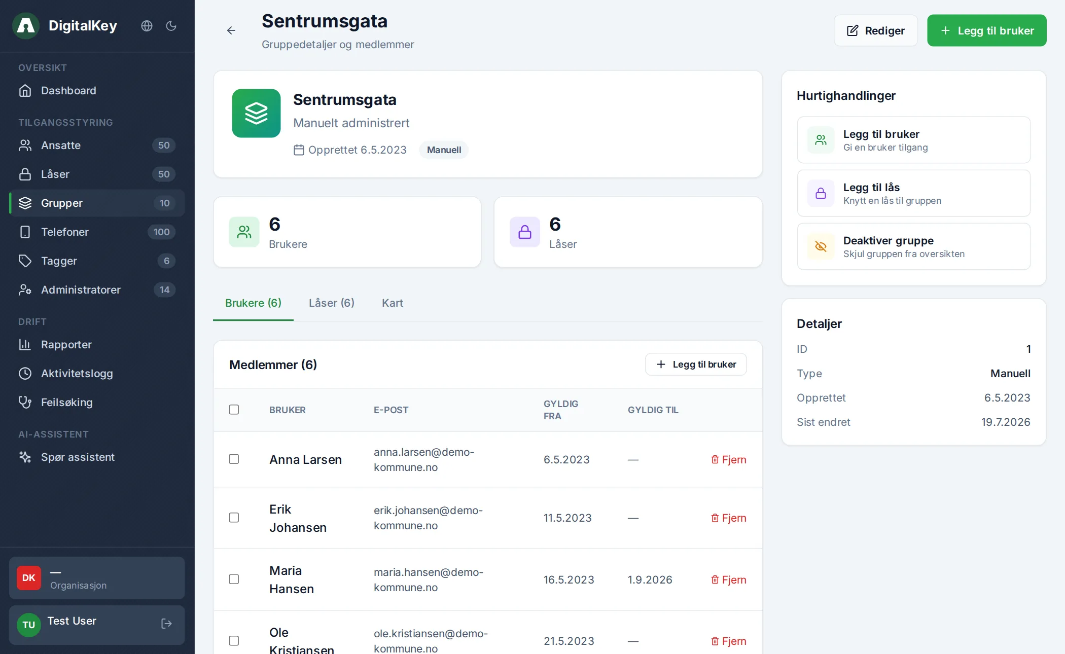 Gruppedetaljer med medlemmer, låser og hurtighandlinger