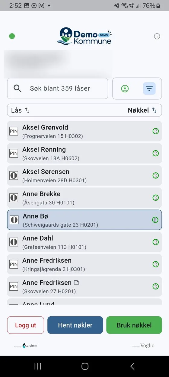 En valgt lås med knappen Bruk nøkkel