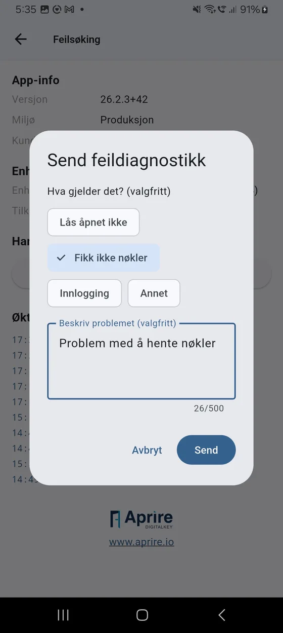 Dialogen Send feildiagnostikk med kategorivalg og fritekstfelt