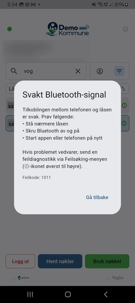 Feildialog etter opplåsing: Svakt Bluetooth-signal