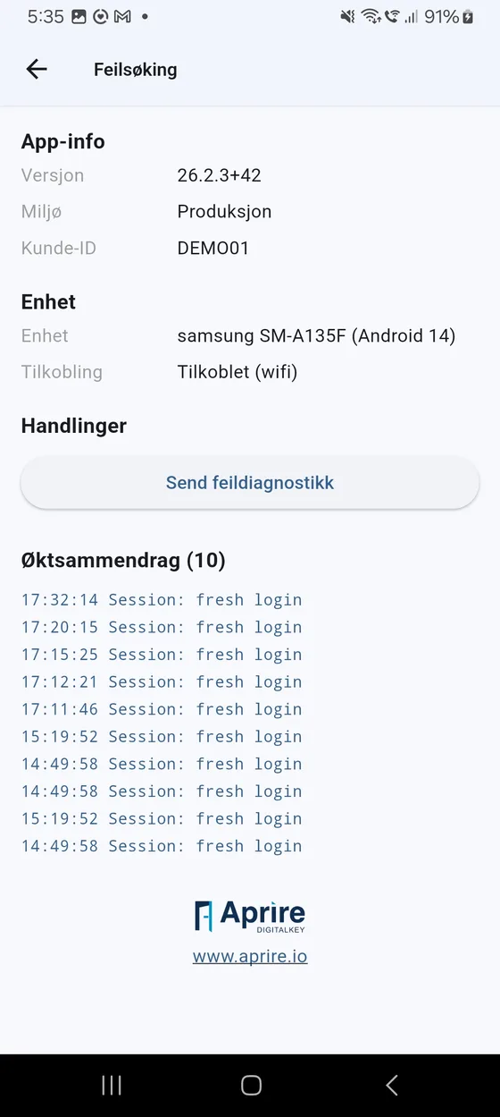 Feilsøking-menyen med app-info og Send feildiagnostikk