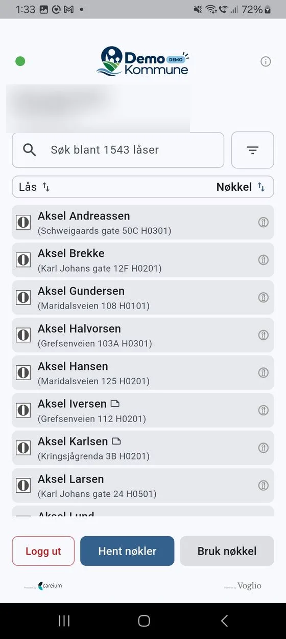 Låslisten med navn, søkefelt og nøkkelikoner